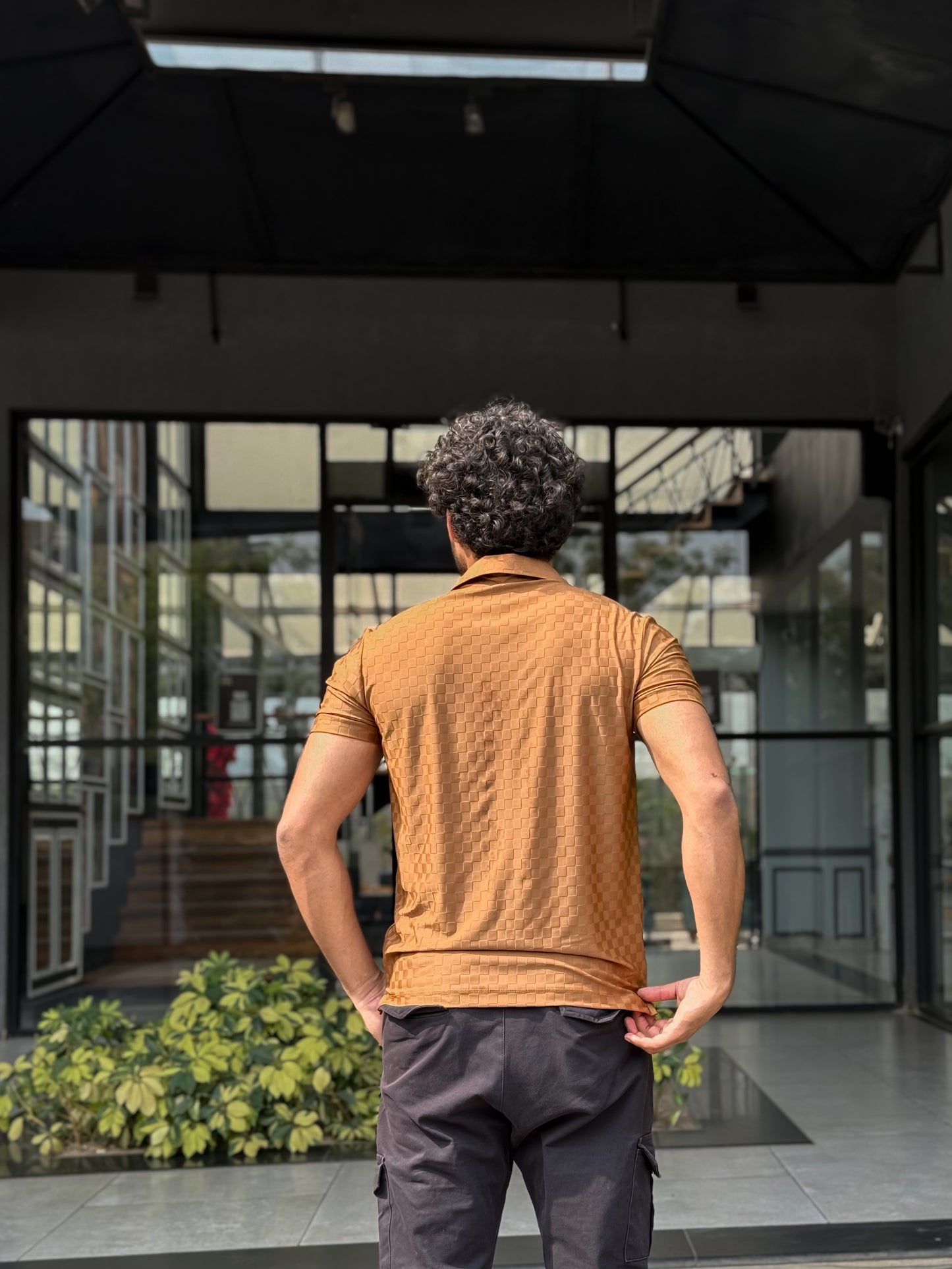 5ive Check-Mesh Polo T-Shirt – Amber Brown