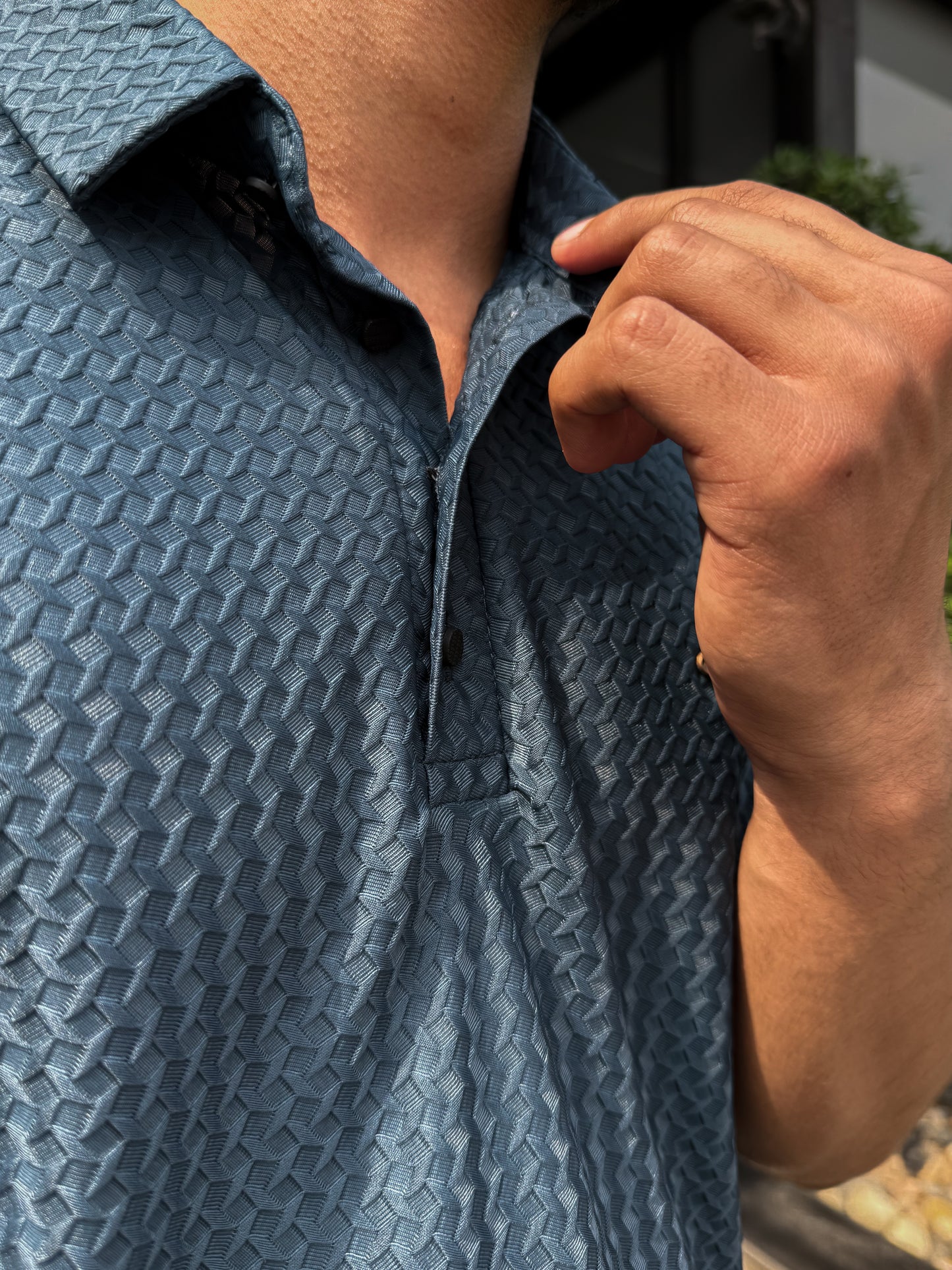 5ive Textured Polo T-Shirt - Steel Blue