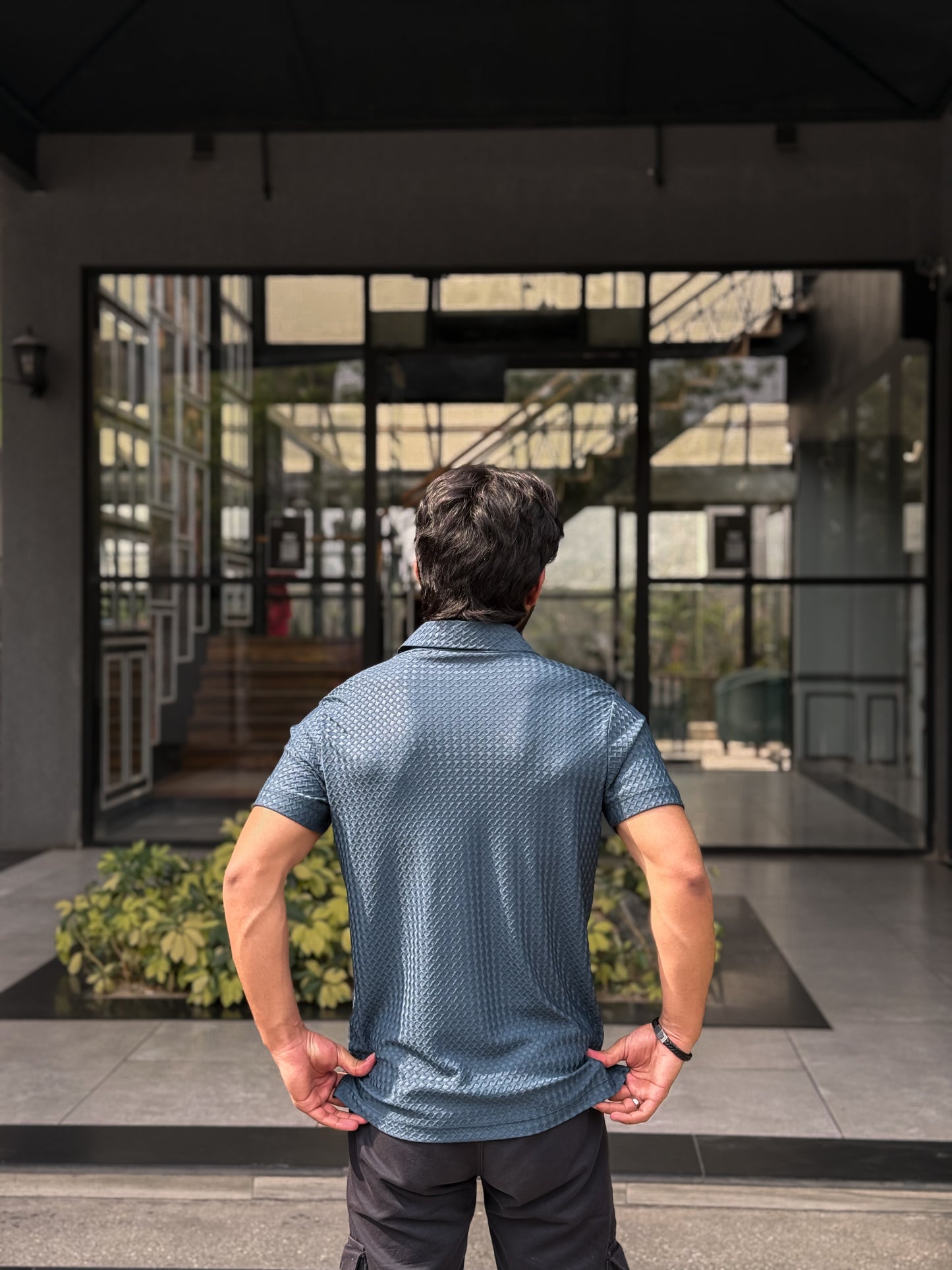 5ive Textured Polo T-Shirt - Steel Blue