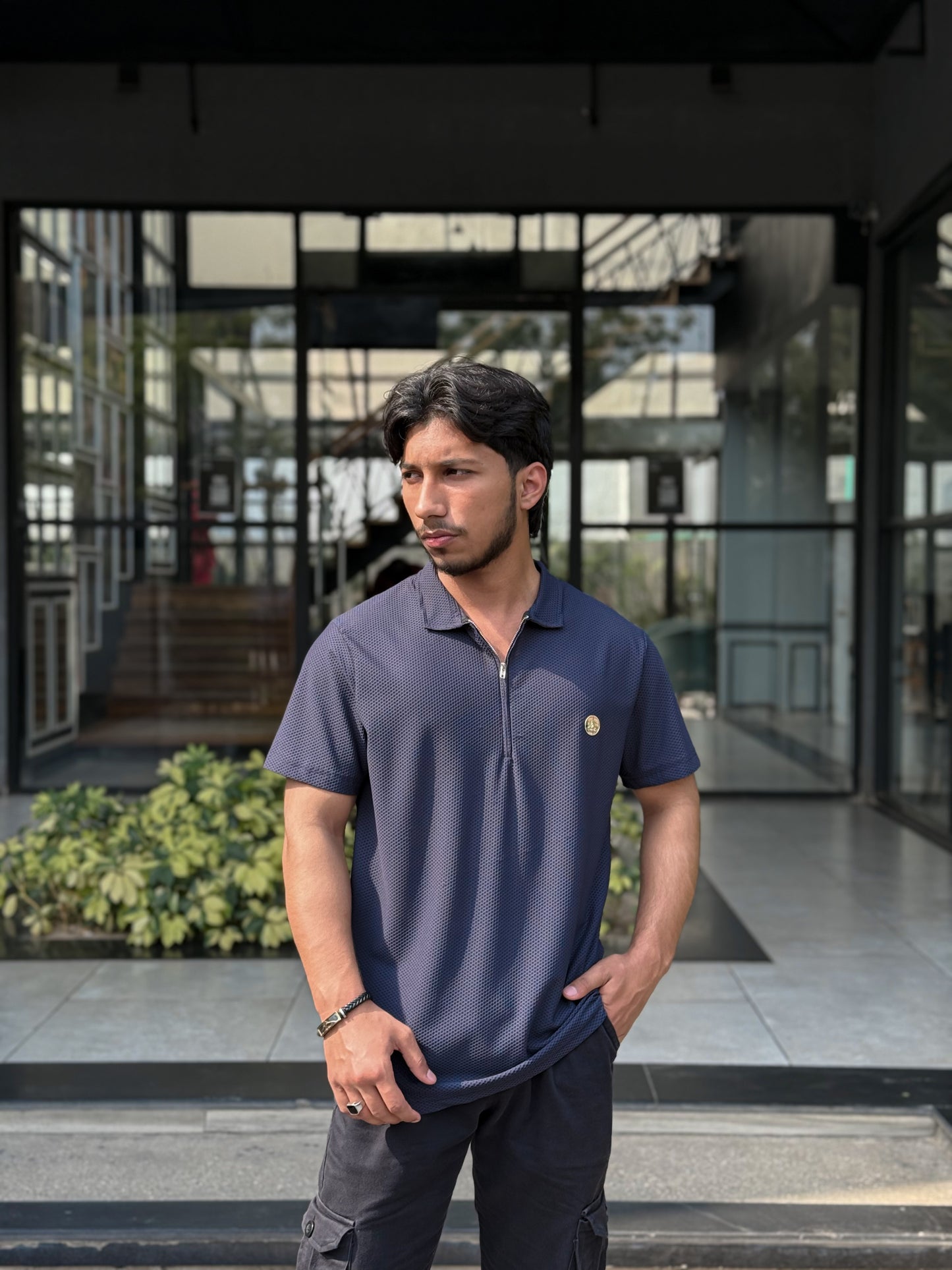 5ive Geo-Zip Polo T-Shirt – Deep Navy