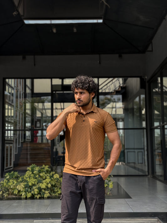 5ive Check-Mesh Polo T-Shirt – Amber Brown