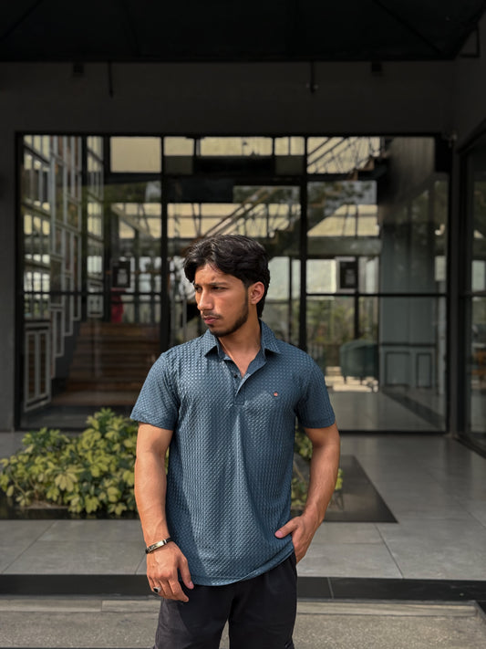 5ive Textured Polo T-Shirt - Steel Blue