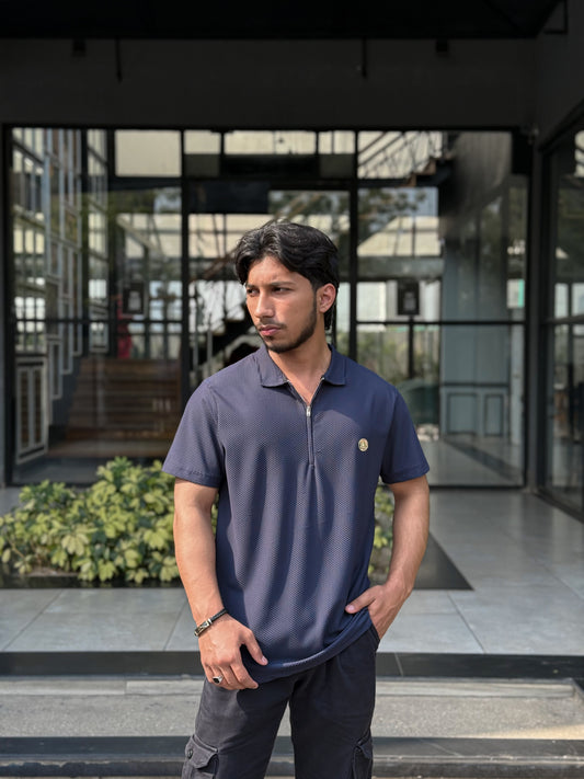 5ive Geo-Zip Polo T-Shirt – Deep Navy